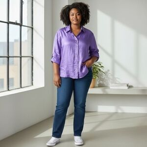 TanJay Womens XL Button Up Blouse Shirt Shimmer Shiny Lilac Purple Party Event